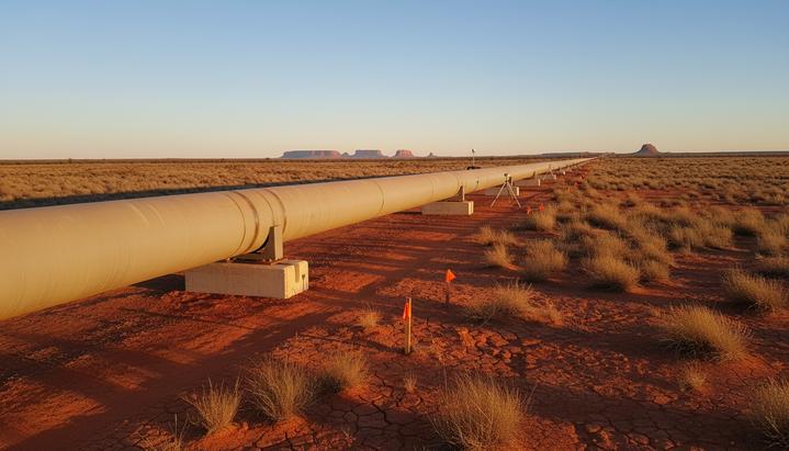 Новый газопровод соединит австралийский бассейн Beetaloo с востоком страны Новый участок магистрального газопровода, проложенный через красноватую пустынную равнину австралийского аутбэка под ясным небом.