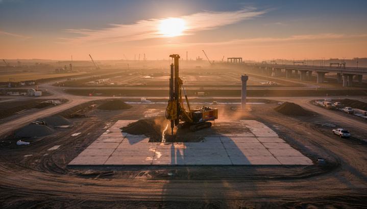 Инжиниринговые фирмы Mi-Tech и J.D. Hair объединились под брендом Mi-Tech Крупная установка горизонтально-направленного бурения на строительной площадке на рассвете, буровая труба входит в землю.