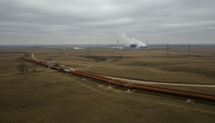 Магистральный газопровод, пересекающий европейский ландшафт под пасмурным небом, с компрессорной станцией на горизонте.