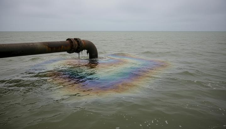 Участок подводного нефтепровода в водах Мексиканского залива с радужной нефтяной пленкой на поверхности воды.