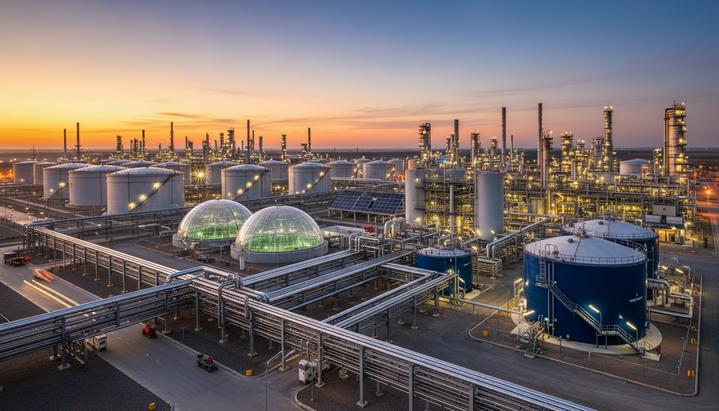 Промышленный комплекс современного нефтеперерабатывающего завода с переплетением трубопроводов и резервуаров на закате.