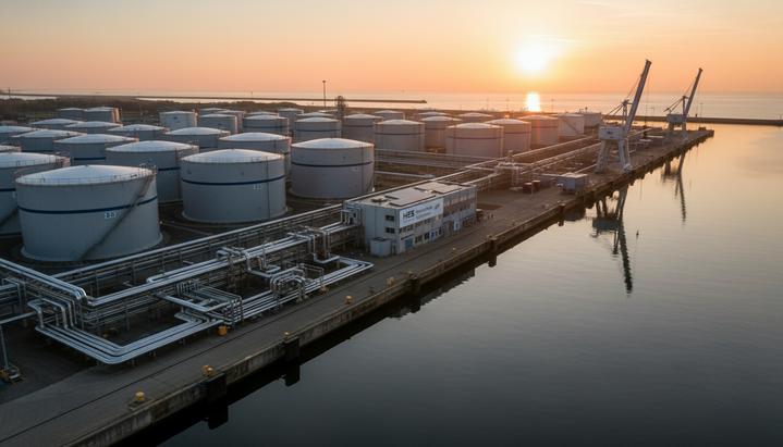 Терминал HES в Вильгельмсхафене подключат к водородной магистрали Германии Промышленный портовый терминал HES в Вильгельмсхафене с большими резервуарами для хранения и сетью трубопроводов на рассвете.